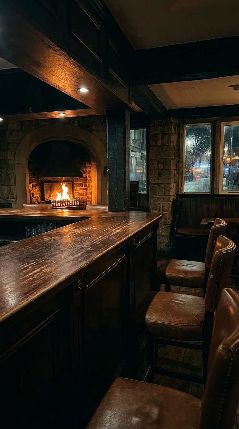 An empty dark wood counter lined with leather stools, an open fire glowing beyond it