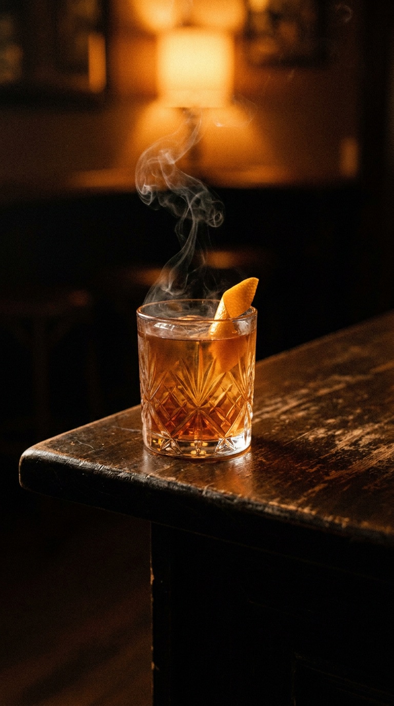A short cocktail in a heavy crystal glass with an orange-peel twist and a thin wisp of smoke, on a dark wooden bar