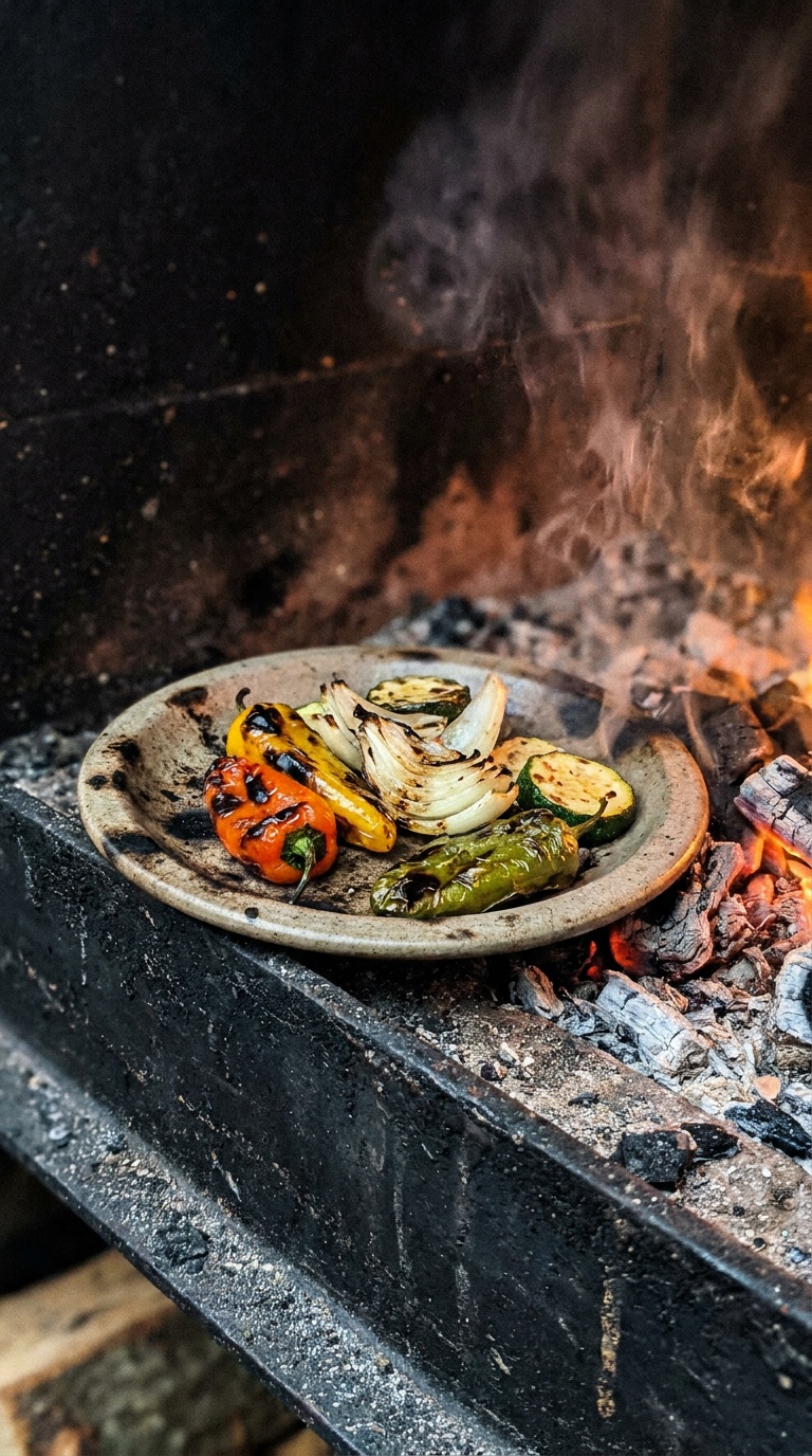A small plate of flame-charred vegetables on dark stoneware, glowing coals and smoke beside it