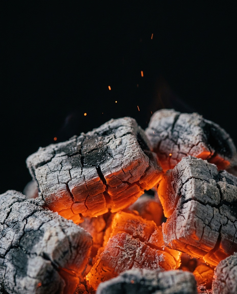 Close-up of glowing charcoal embers, grey ash cracking around bright orange cores as a few sparks lift